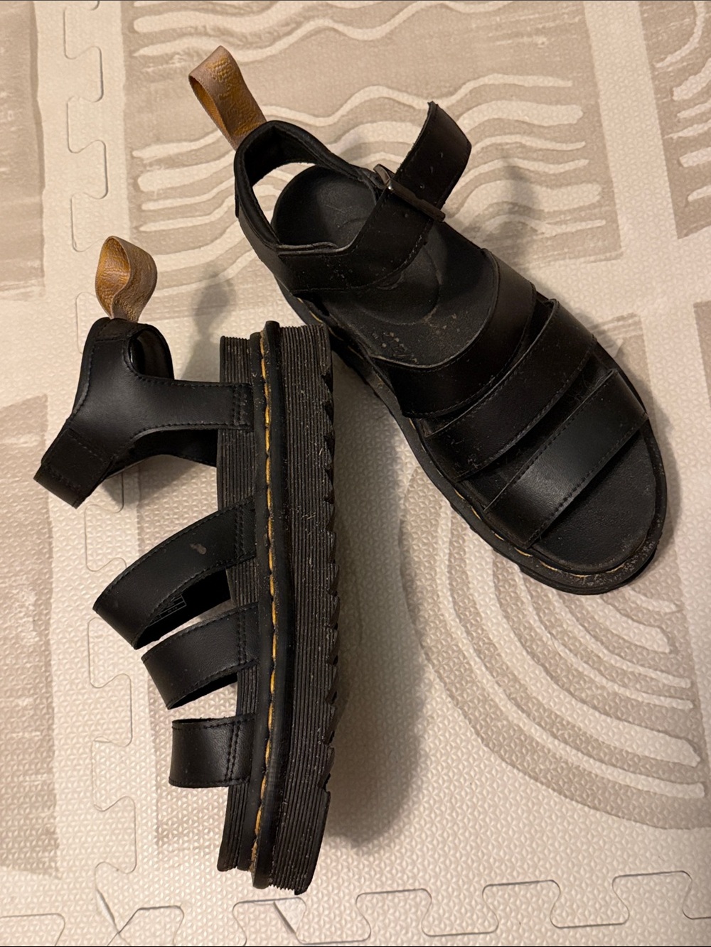 Dr. Martens Black Leather Fisherman Sandals with Brown Heel Loop